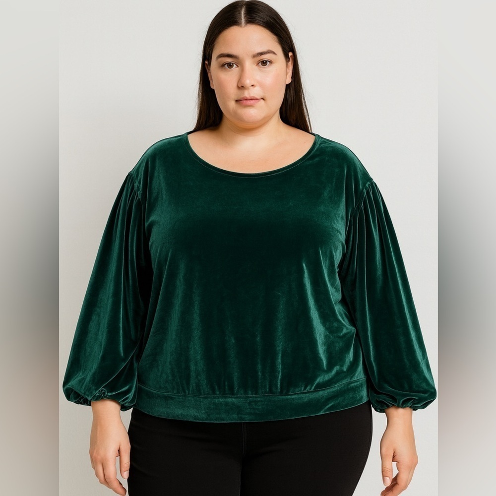 Ellos Forest Green Velvet Balloon Long
Sleeve Blouse Festive Size Lg
